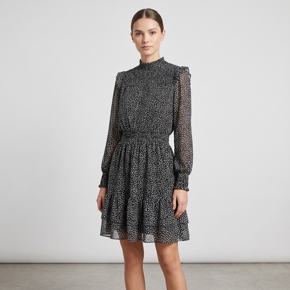 MSK Dress NWT $79 Womens M Black Cream Chiffon Mock Neck Smocked Ruffle
